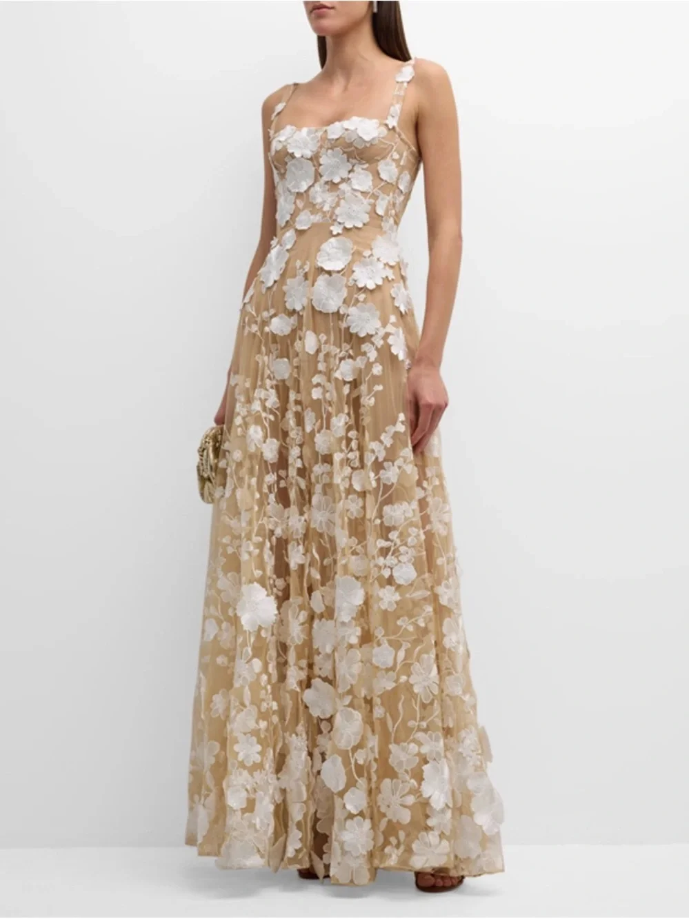 BRONX AND BANCO Jasmine Sleeveless Floral Applique Gown In Cream, XS S M L - Picture 3 of 9